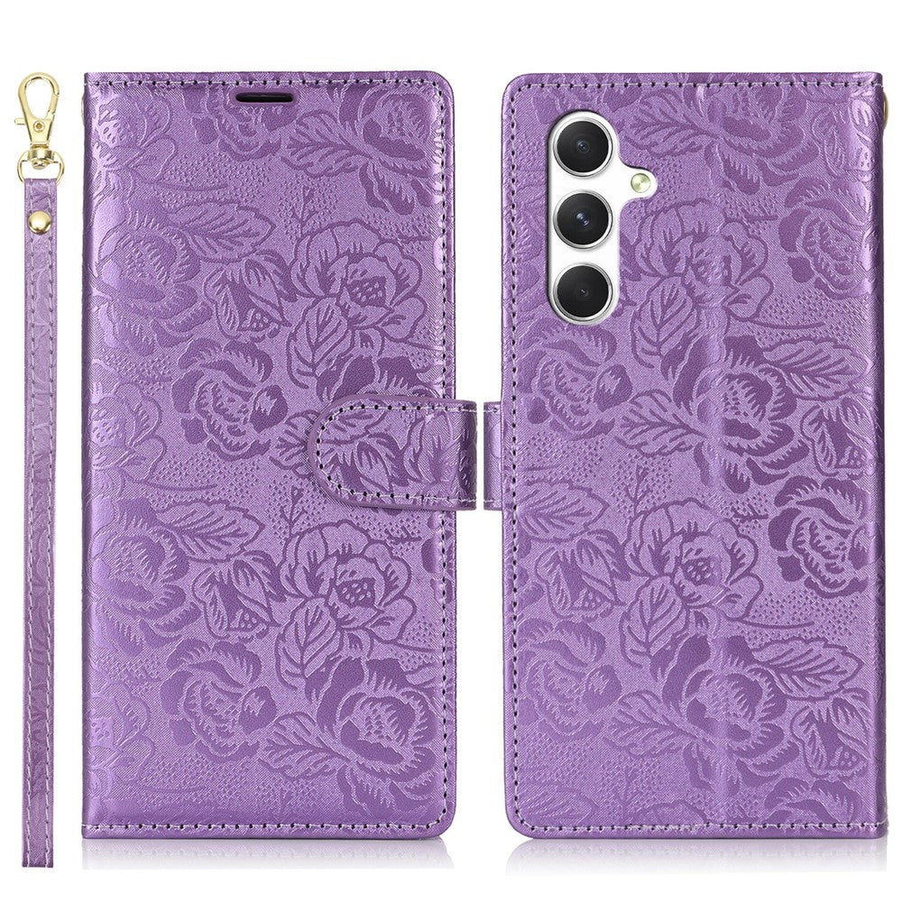 Til Samsung Galaxy A36 5G Etui med Håndrem Blomsterpræg Læderpung Telefoncover