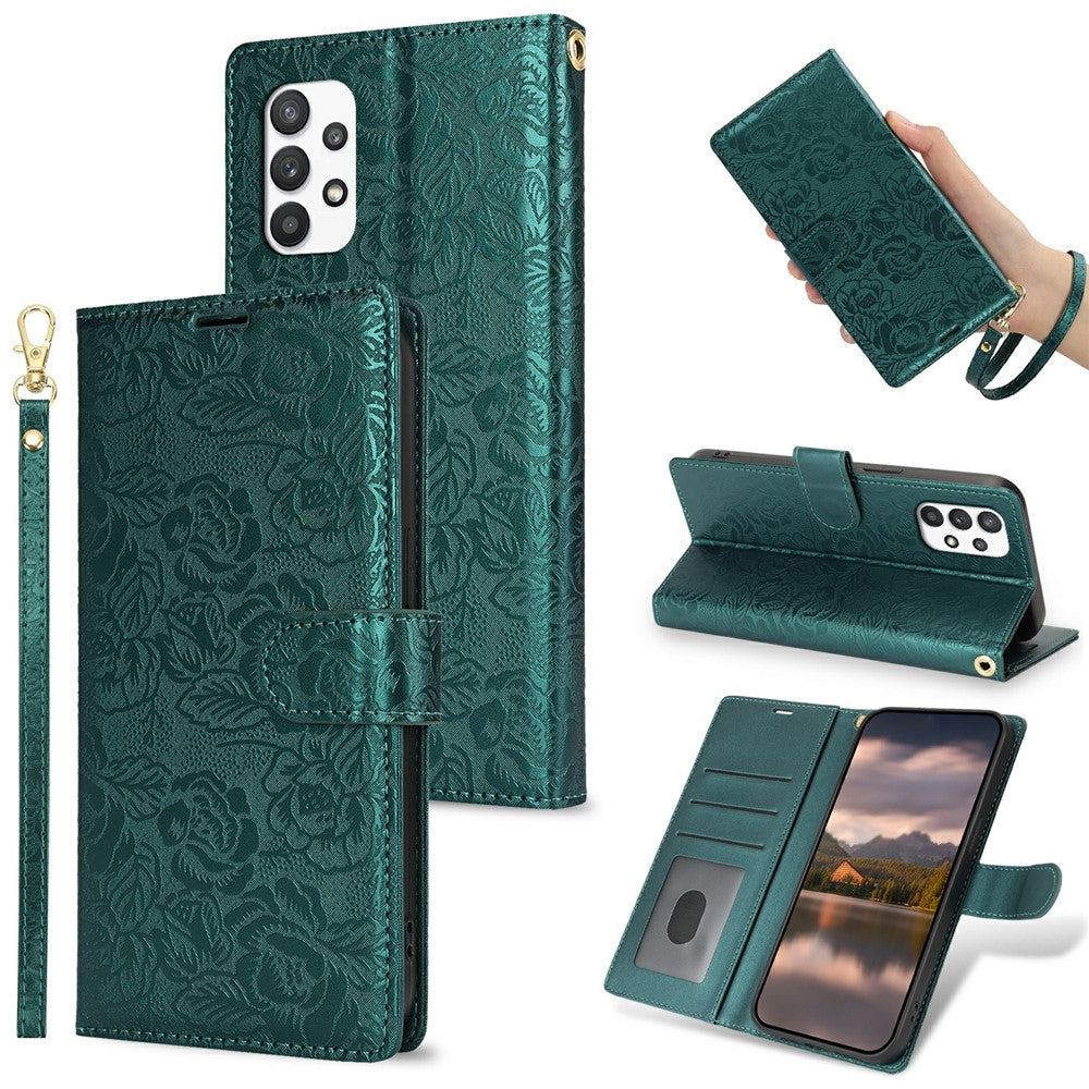 Til Samsung Galaxy A13 4G / 5G Cover med Håndrem Blomsterpræg Læder Pung Telefoncover