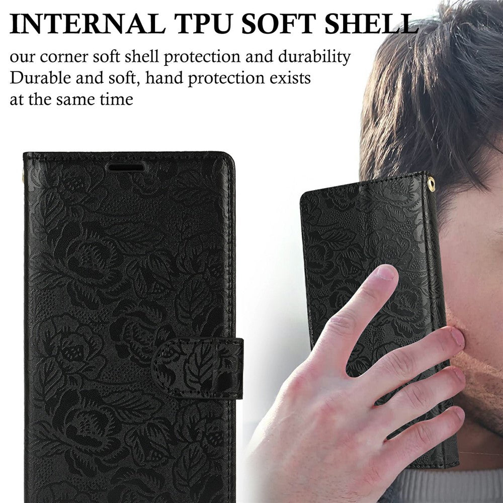 For Samsung Galaxy S23 FE Case with Hand Strap Flower Imprint Leather Wallet Phone Cover