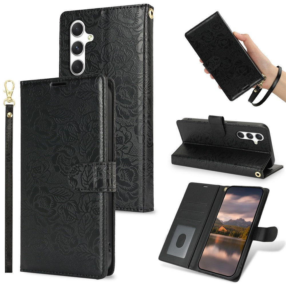 For Samsung Galaxy S23 FE Case with Hand Strap Flower Imprint Leather Wallet Phone Cover
