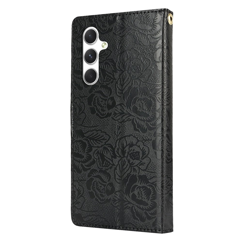 For Samsung Galaxy S23 FE Case with Hand Strap Flower Imprint Leather Wallet Phone Cover