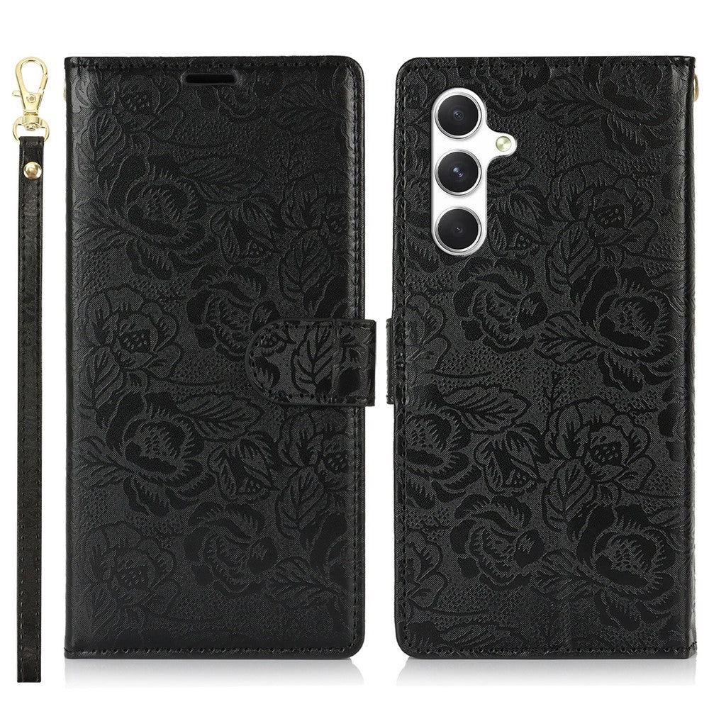 For Samsung Galaxy S23 FE Case with Hand Strap Flower Imprint Leather Wallet Phone Cover