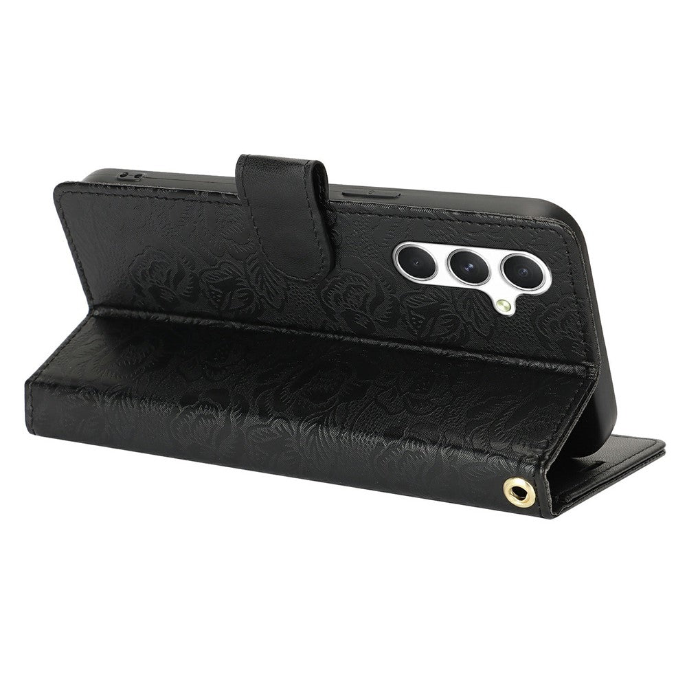 For Samsung Galaxy S23 FE Case with Hand Strap Flower Imprint Leather Wallet Phone Cover
