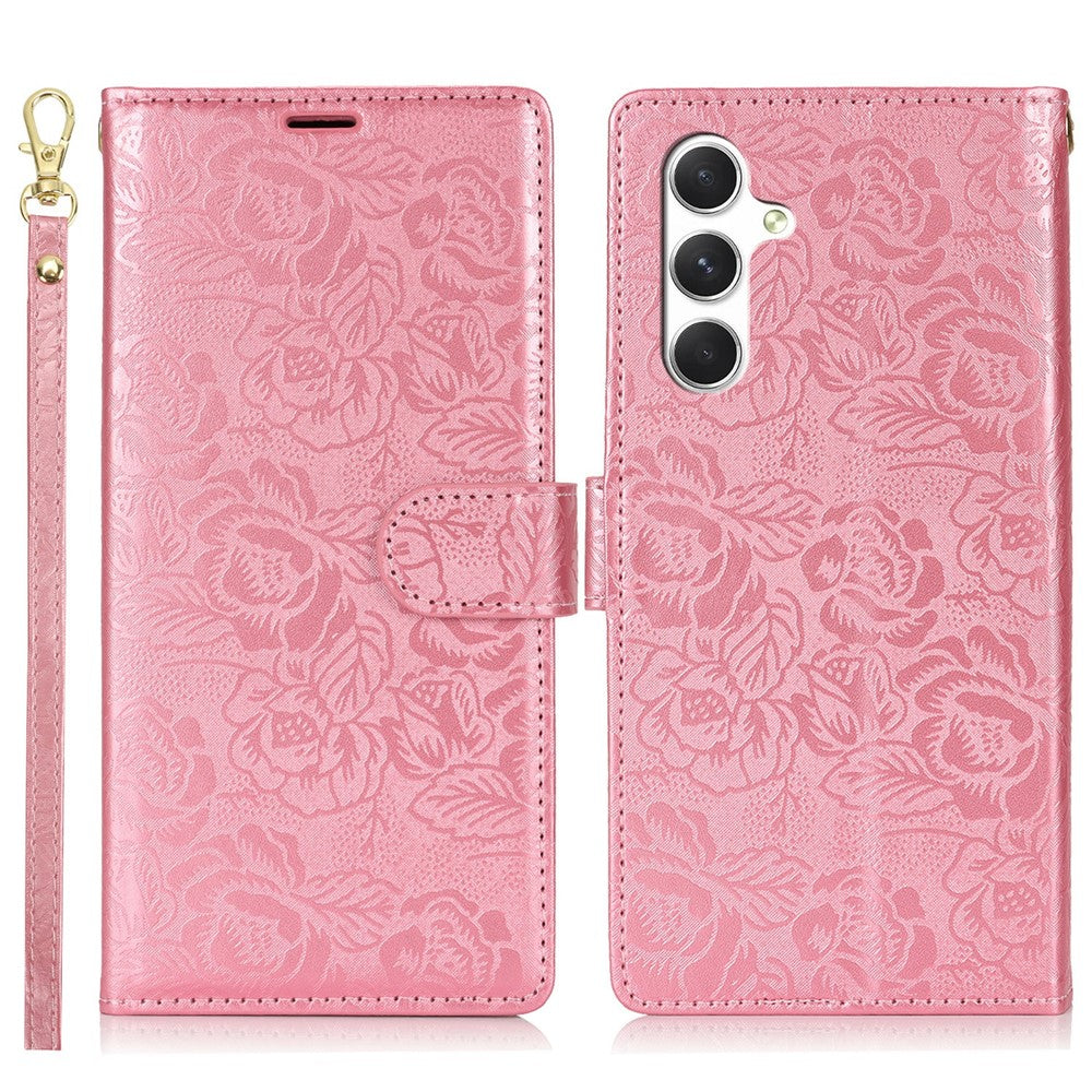 For Samsung Galaxy S23 FE Case with Hand Strap Flower Imprint Leather Wallet Phone Cover