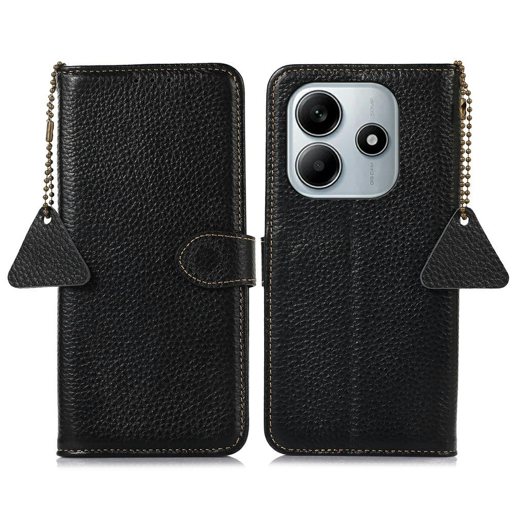For Xiaomi Redmi Note 14 4G (163.25mm) Case RFID Blocking Genuine Cow Leather Phone Cover Litchi Texture
