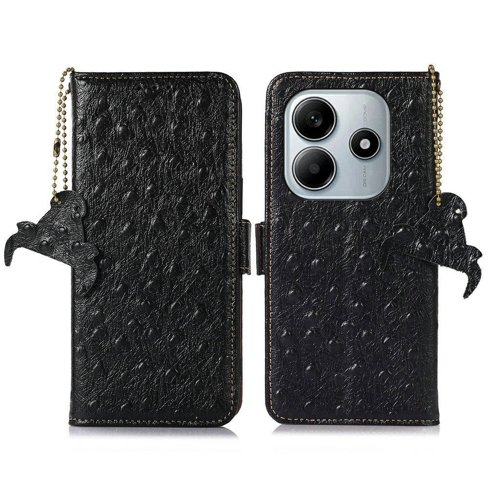 For Xiaomi Redmi Note 14 4G (163.25mm) Case RFID Blocking Genuine Cow Leather Phone Case Ostrich Texture
