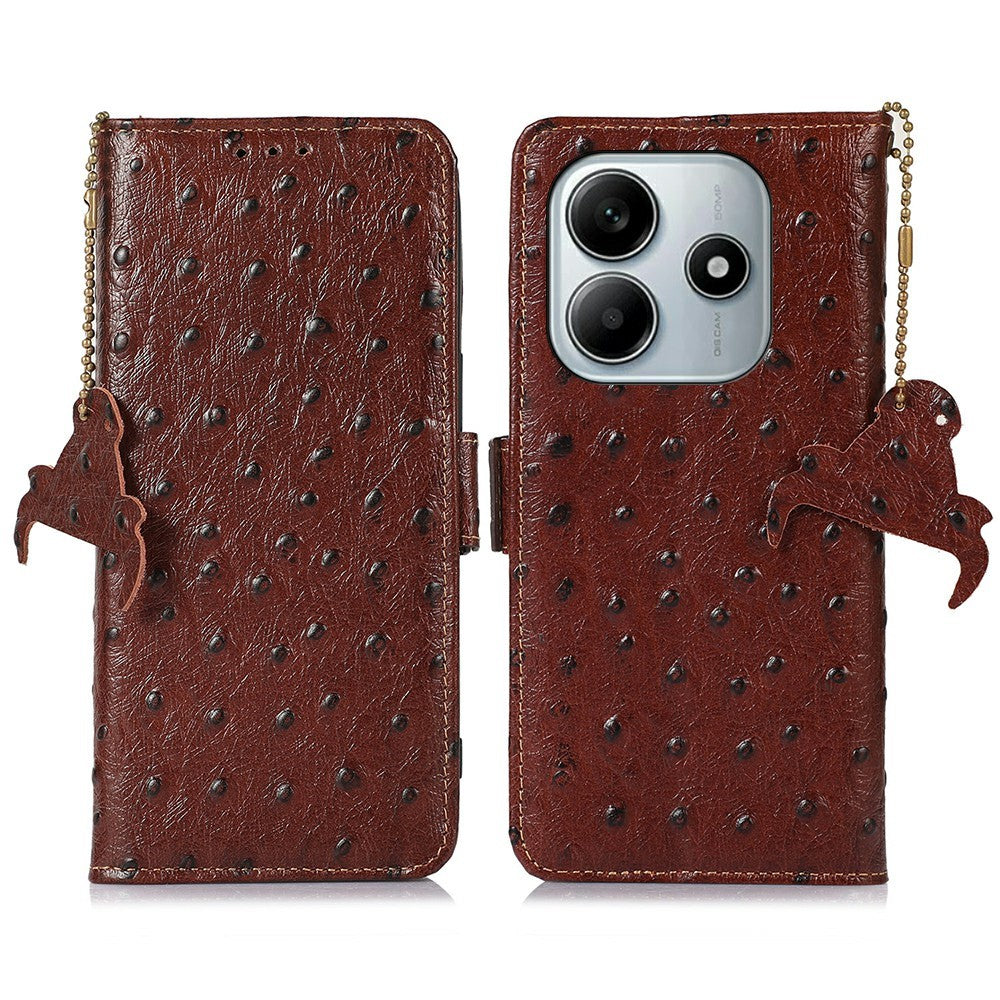 For Xiaomi Redmi Note 14 4G (163.25mm) Case RFID Blocking Genuine Cow Leather Phone Case Ostrich Texture