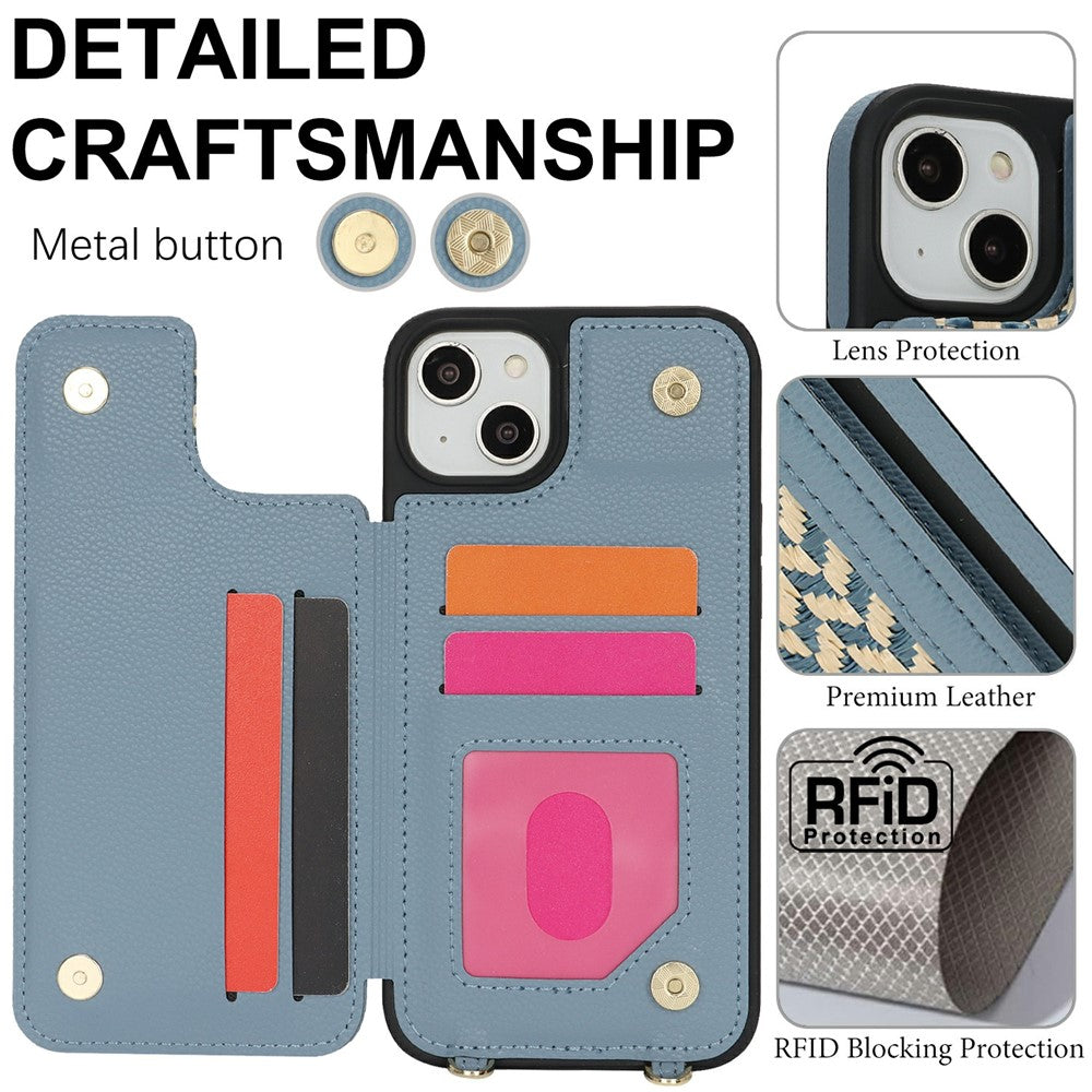 For iPhone 15 Case with Card Holder, Kickstand, RFID Blocking PU+TPU Phone Back Cover