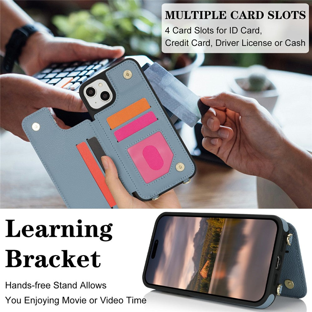 For iPhone 15 Case with Card Holder, Kickstand, RFID Blocking PU+TPU Phone Back Cover
