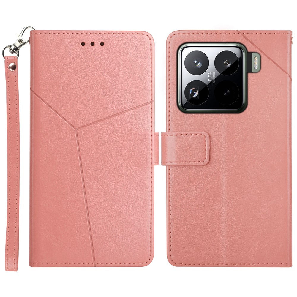 Xiaomi 15-skal med handledsrem, läderfodral med Y-formade linjer och tryck