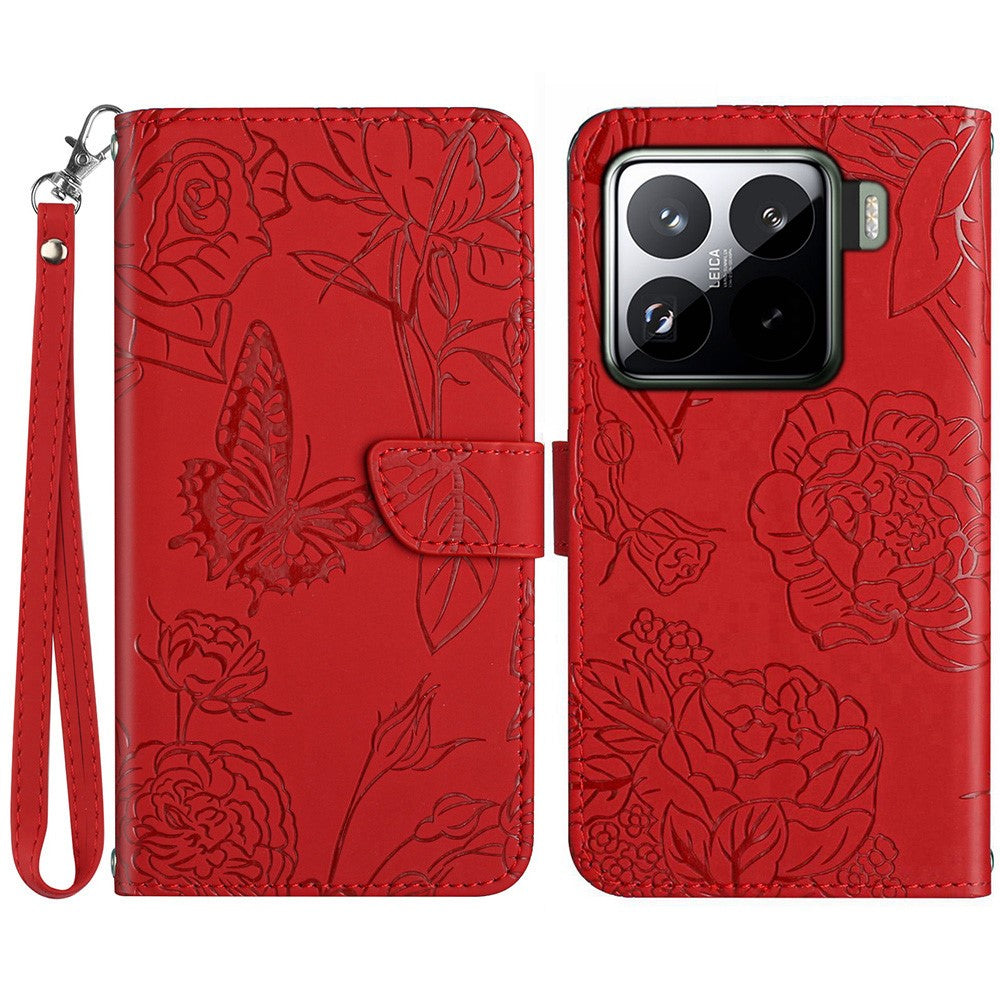 For Xiaomi 15 Pro Case Leather Phone Cover with Strap, Butterfly Flower Imprint