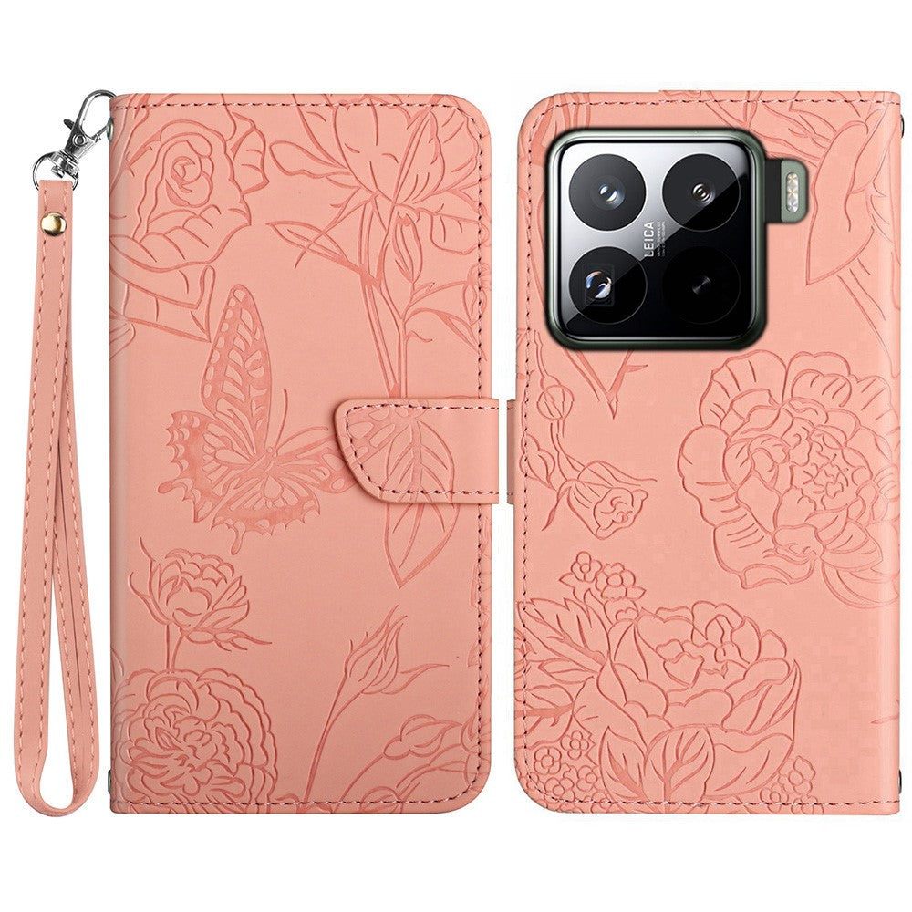 For Xiaomi 15 Pro Case Leather Phone Cover with Strap, Butterfly Flower Imprint