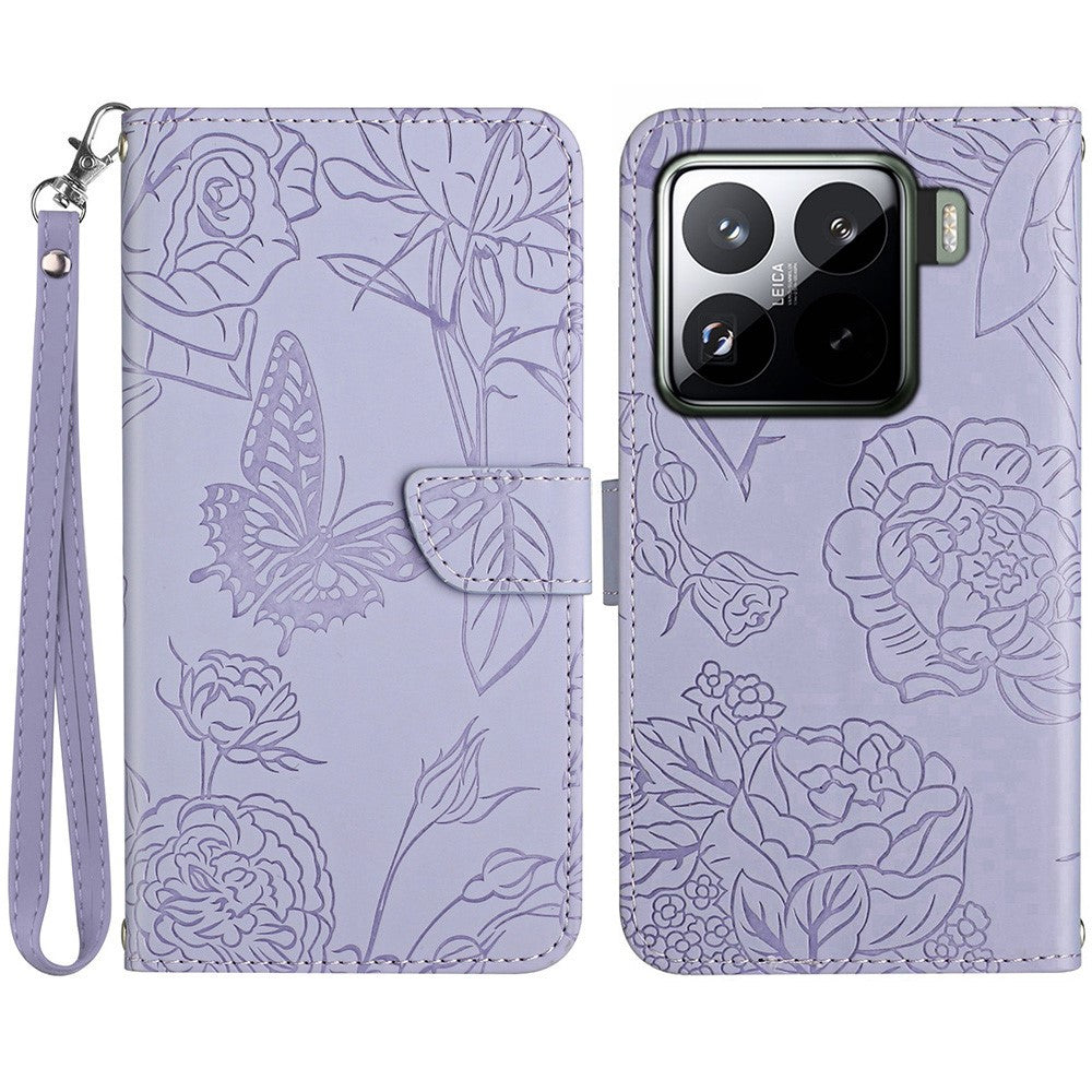 For Xiaomi 15 Pro Case Leather Phone Cover with Strap, Butterfly Flower Imprint