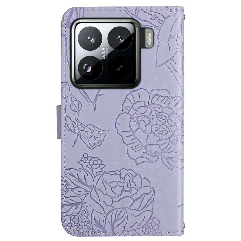 For Xiaomi 15 Pro Case Leather Phone Cover with Strap, Butterfly Flower Imprint