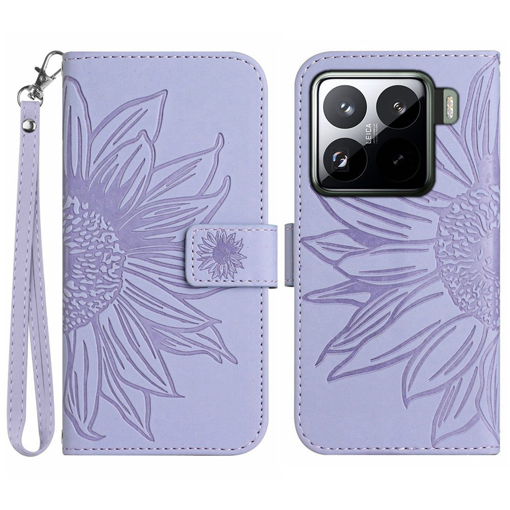 Xiaomi 15 Pro-skal Sunflower Imprint Läderplånbok mobilskal med Handledsrem