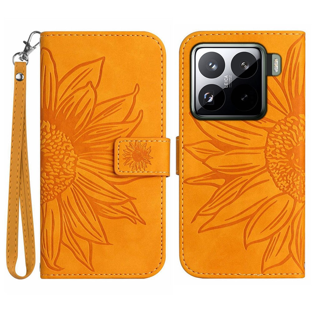 Xiaomi 15 Pro-skal Sunflower Imprint Läderplånbok mobilskal med Handledsrem