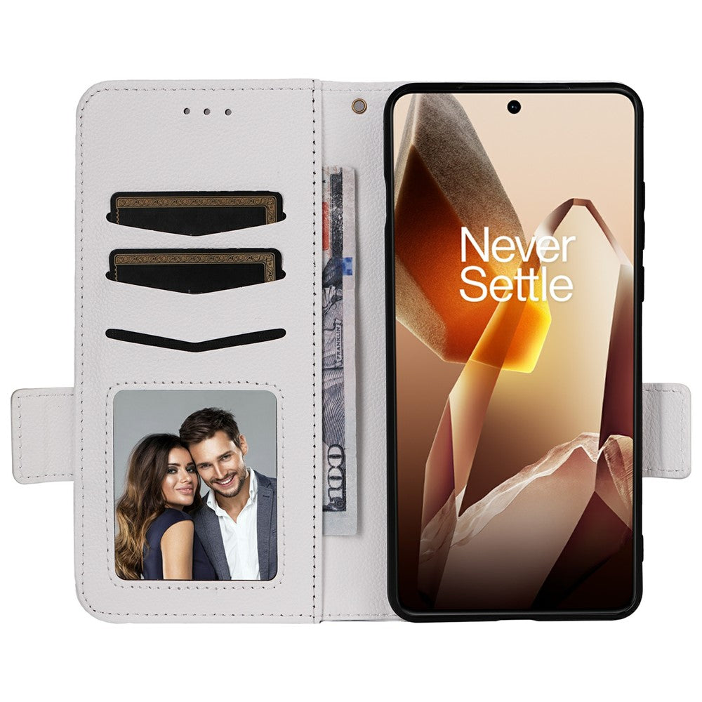 OnePlus 13-skal med handledsrem i litchitexturerat PU-läder, plånboksfodral