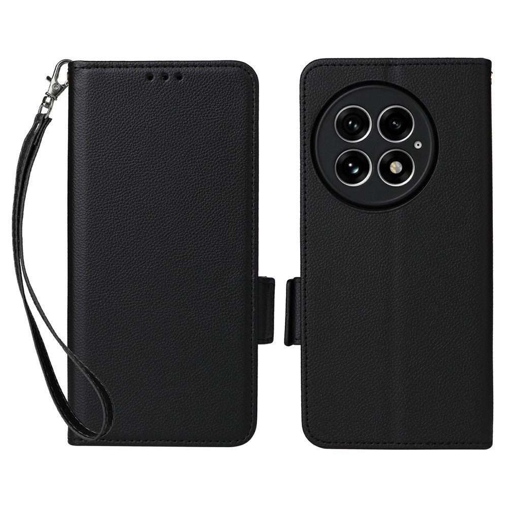 OnePlus 13-skal med handledsrem i litchitexturerat PU-läder, plånboksfodral