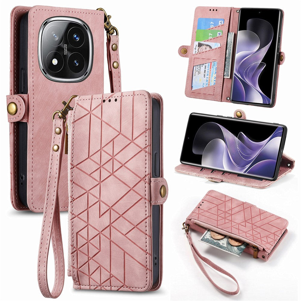 For Xiaomi Redmi Note 14 Pro 5G / Poco X7 5G Case Zipper Wallet Geometry Lines Leather Phone Cover