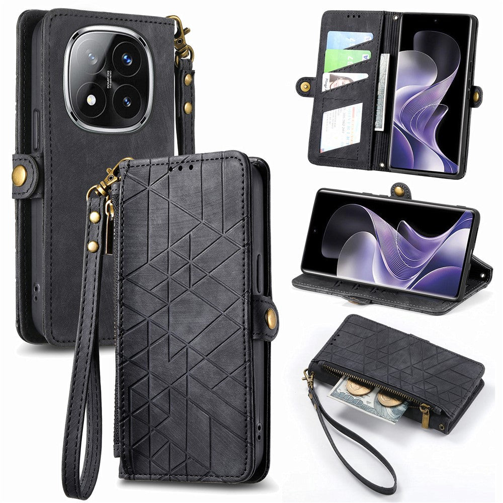 For Xiaomi Redmi Note 14 Pro 5G / Poco X7 5G Case Zipper Wallet Geometry Lines Leather Phone Cover