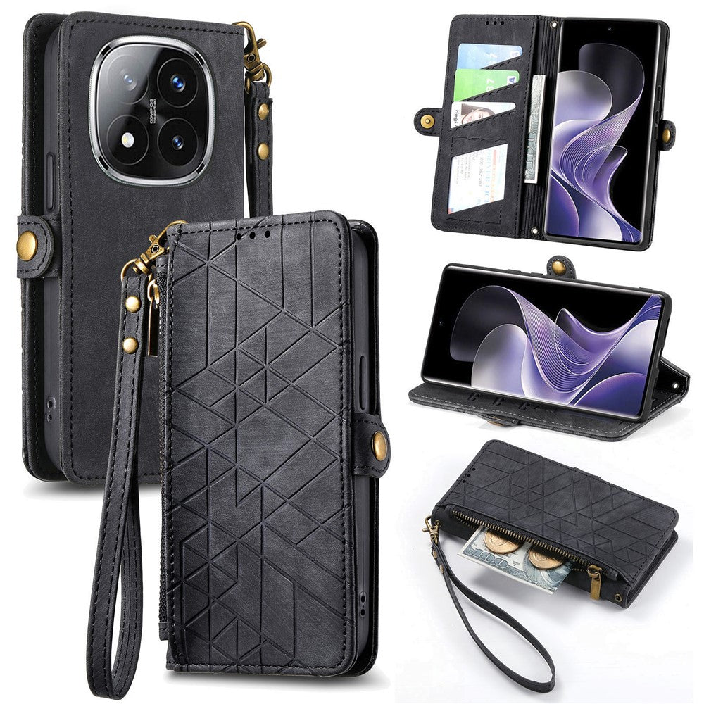 For Xiaomi Redmi Note 14 Pro+ 5G Case Zipper Wallet Geometry Lines Leather Phone Cover