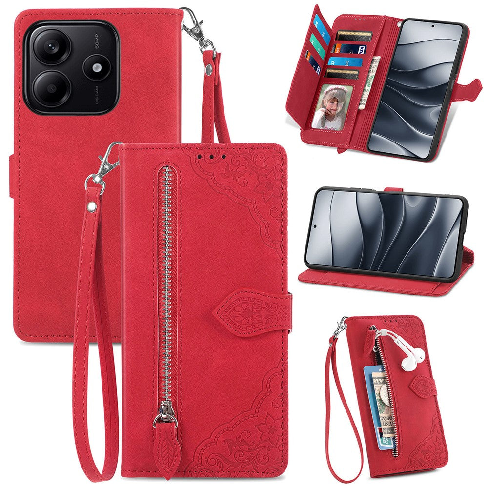 For Xiaomi Redmi Note 14 5G Zipper Wallet Case with Strap Flower Imprint PU Leather Phone Cover