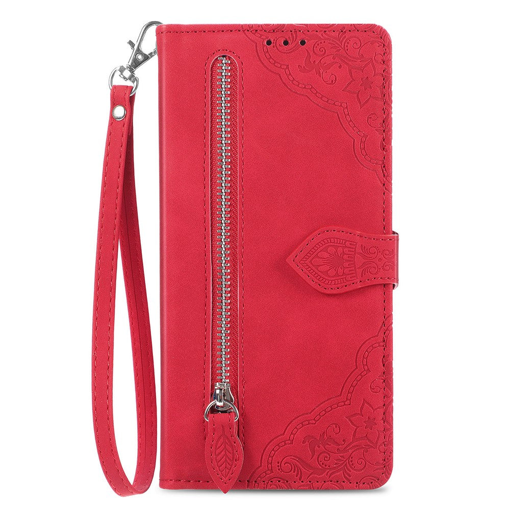 For Xiaomi Redmi Note 14 5G Zipper Wallet Case with Strap Flower Imprint PU Leather Phone Cover