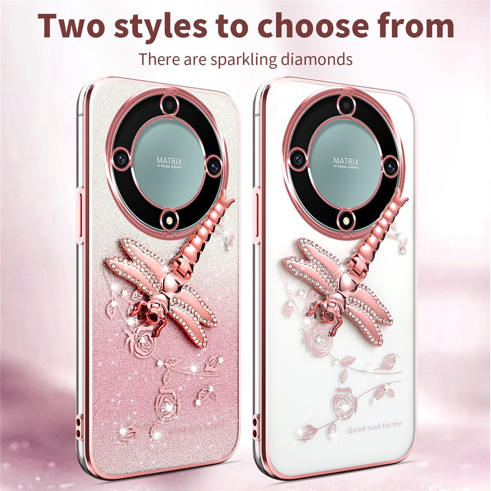 KADEM-skal till Honor X40 5G / X9a 5G / Magic5 Lite 5G Dragonfly-stativ TPU-blommor och glitter-mobilskal