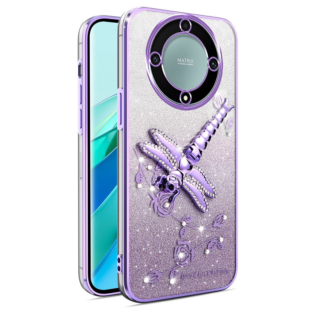 KADEM-skal till Honor X40 5G / X9a 5G / Magic5 Lite 5G Dragonfly-stativ TPU-blommor och glitter-mobilskal