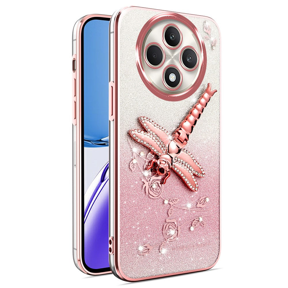 KADEM-etui til Oppo Reno12 F 5G / F27 5G, TPU-mobilcover med guldsmedestativ og glitterblomster