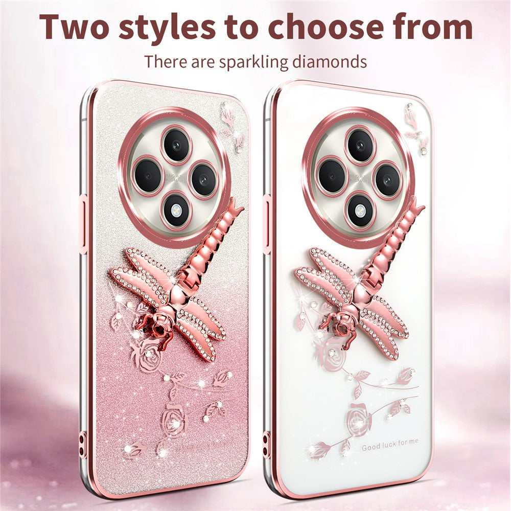 KADEM-etui til Oppo Reno12 F 5G / F27 5G, TPU-mobilcover med guldsmedestativ og glitterblomster