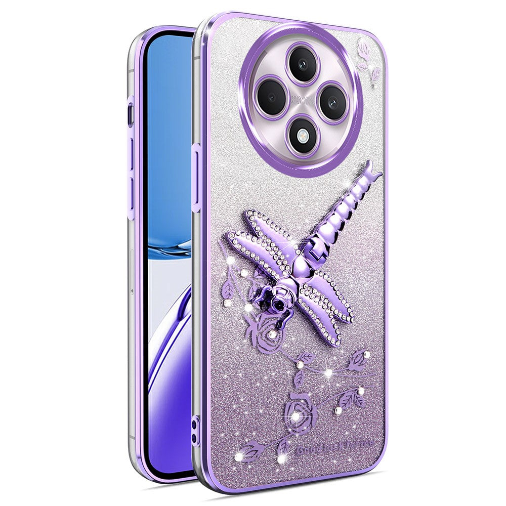 KADEM-etui til Oppo Reno12 F 5G / F27 5G, TPU-mobilcover med guldsmedestativ og glitterblomster