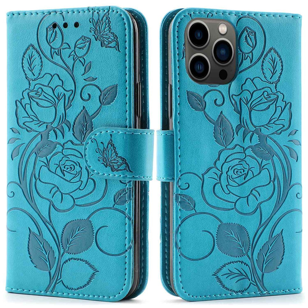 Imprinted Roses Phone Case For iPhone 12 / 12 Pro 6.1 Inch, Drop-Proof PU Leather Flip Cover Wallet Stand Protective Phone Shell