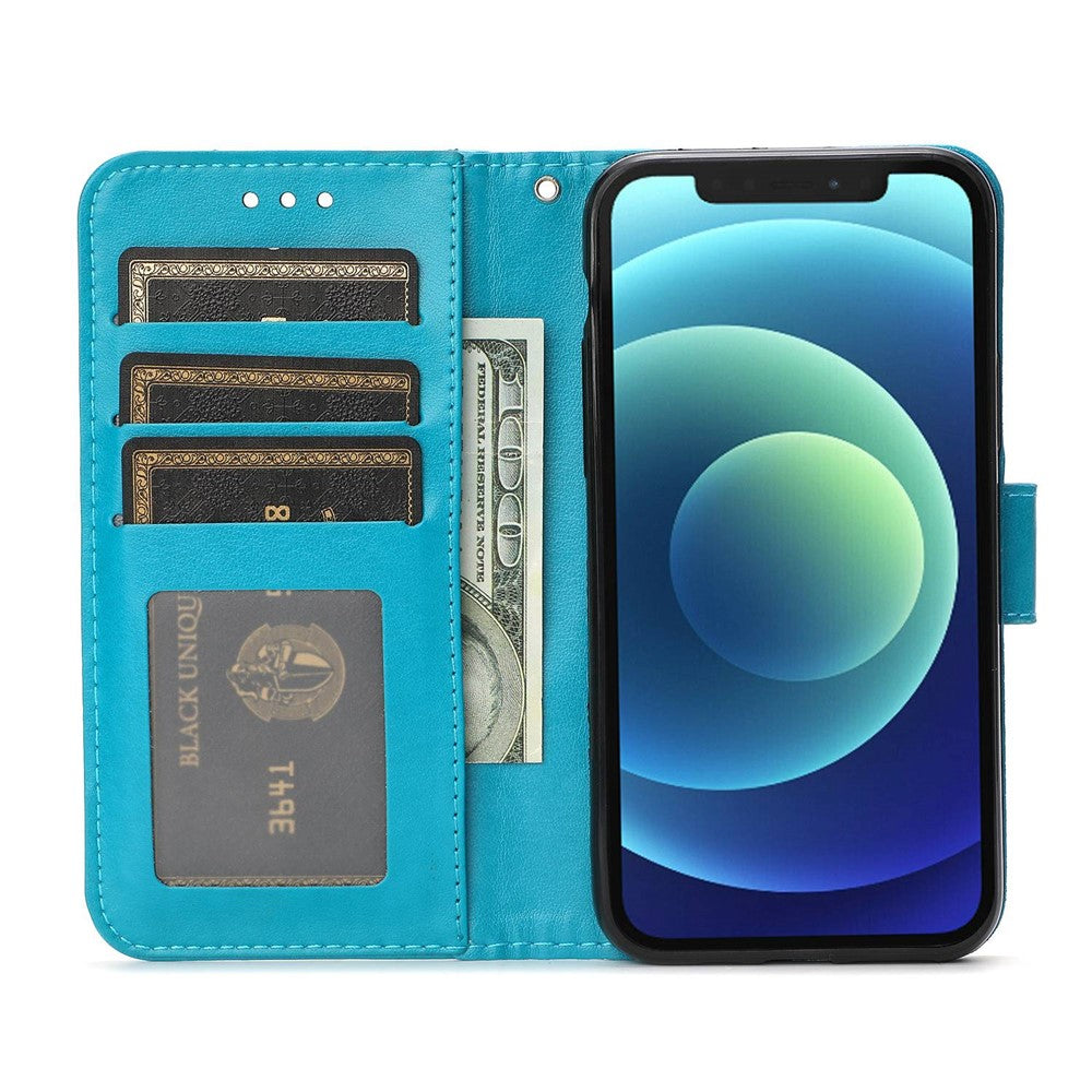 Imprinted Roses Phone Case For iPhone 12 / 12 Pro 6.1 Inch, Drop-Proof PU Leather Flip Cover Wallet Stand Protective Phone Shell