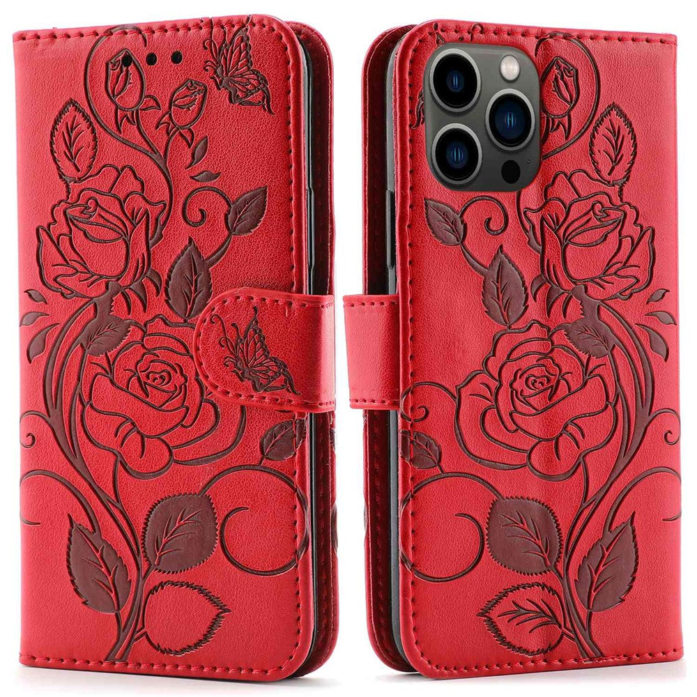 Imprinted Roses Phone Case For iPhone 12 / 12 Pro 6.1 Inch, Drop-Proof PU Leather Flip Cover Wallet Stand Protective Phone Shell