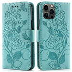 Imprinted Roses Phone Case For iPhone 12 / 12 Pro 6.1 Inch, Drop-Proof PU Leather Flip Cover Wallet Stand Protective Phone Shell