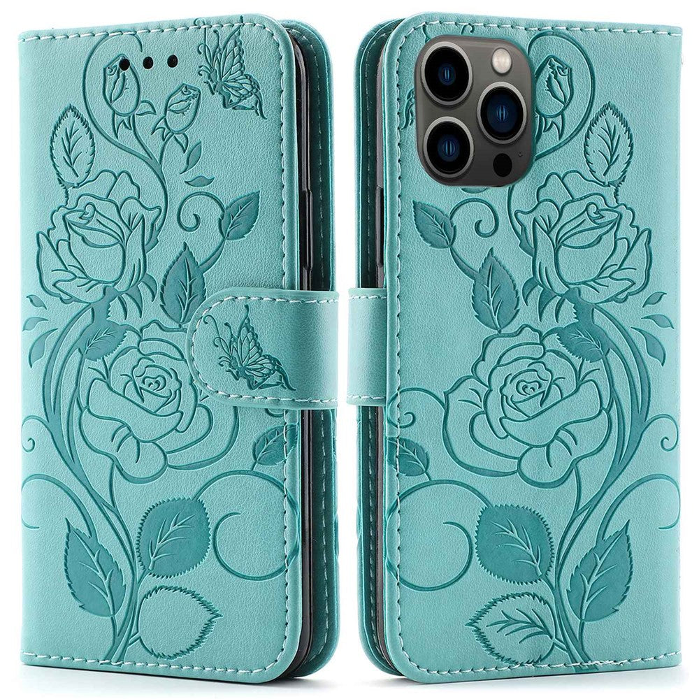 Imprinted Roses Phone Case For iPhone 12 / 12 Pro 6.1 Inch, Drop-Proof PU Leather Flip Cover Wallet Stand Protective Phone Shell