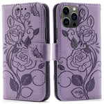 Imprinted Roses Phone Case For iPhone 12 / 12 Pro 6.1 Inch, Drop-Proof PU Leather Flip Cover Wallet Stand Protective Phone Shell