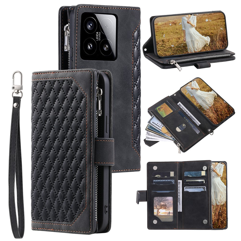 Style 005 For Xiaomi 15 Wallet Case Rhombus Stitching Line PU Leather Phone Cover