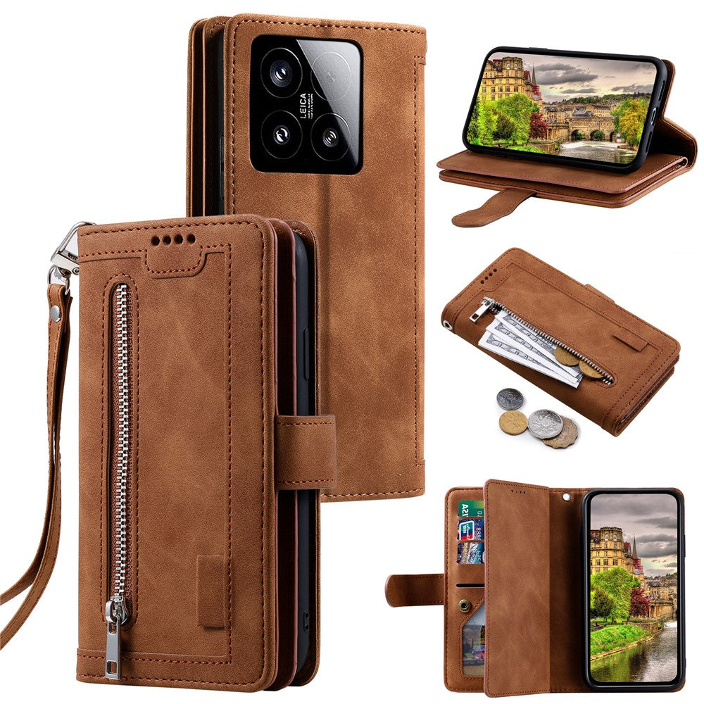 For Xiaomi 15 Case PU Leather Phone Cover with Zipper Wallet 9 Card Slots