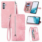 For Samsung Galaxy A36 5G Zipper Wallet Case with Strap Flower Imprint PU Leather Phone Cover