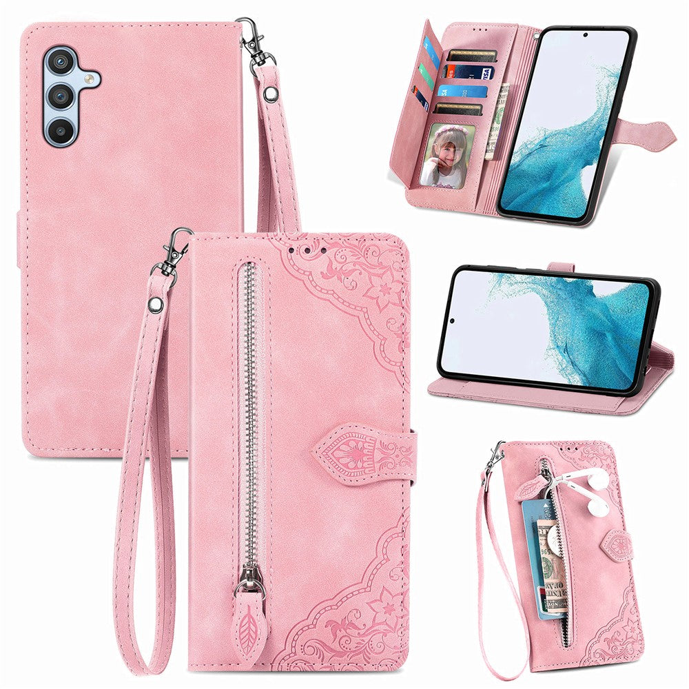 For Samsung Galaxy A36 5G Zipper Wallet Case with Strap Flower Imprint PU Leather Phone Cover