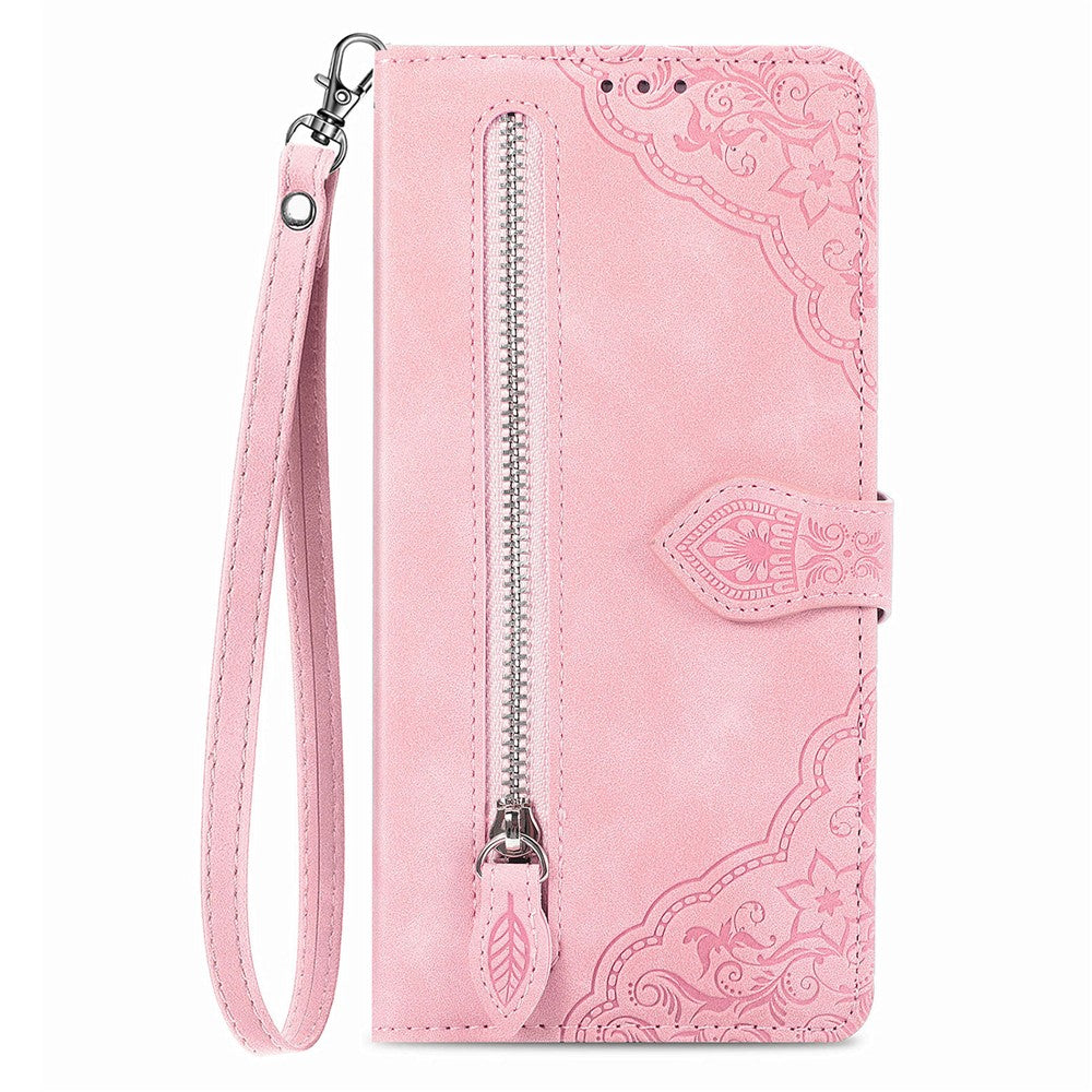 For Samsung Galaxy A36 5G Zipper Wallet Case with Strap Flower Imprint PU Leather Phone Cover