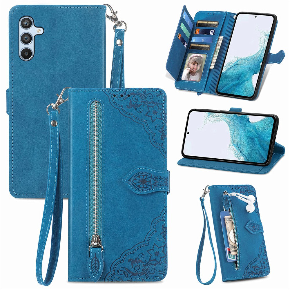 For Samsung Galaxy A36 5G Zipper Wallet Case with Strap Flower Imprint PU Leather Phone Cover