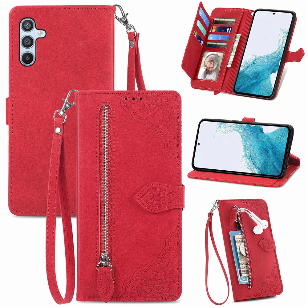 For Samsung Galaxy A36 5G Zipper Wallet Case with Strap Flower Imprint PU Leather Phone Cover