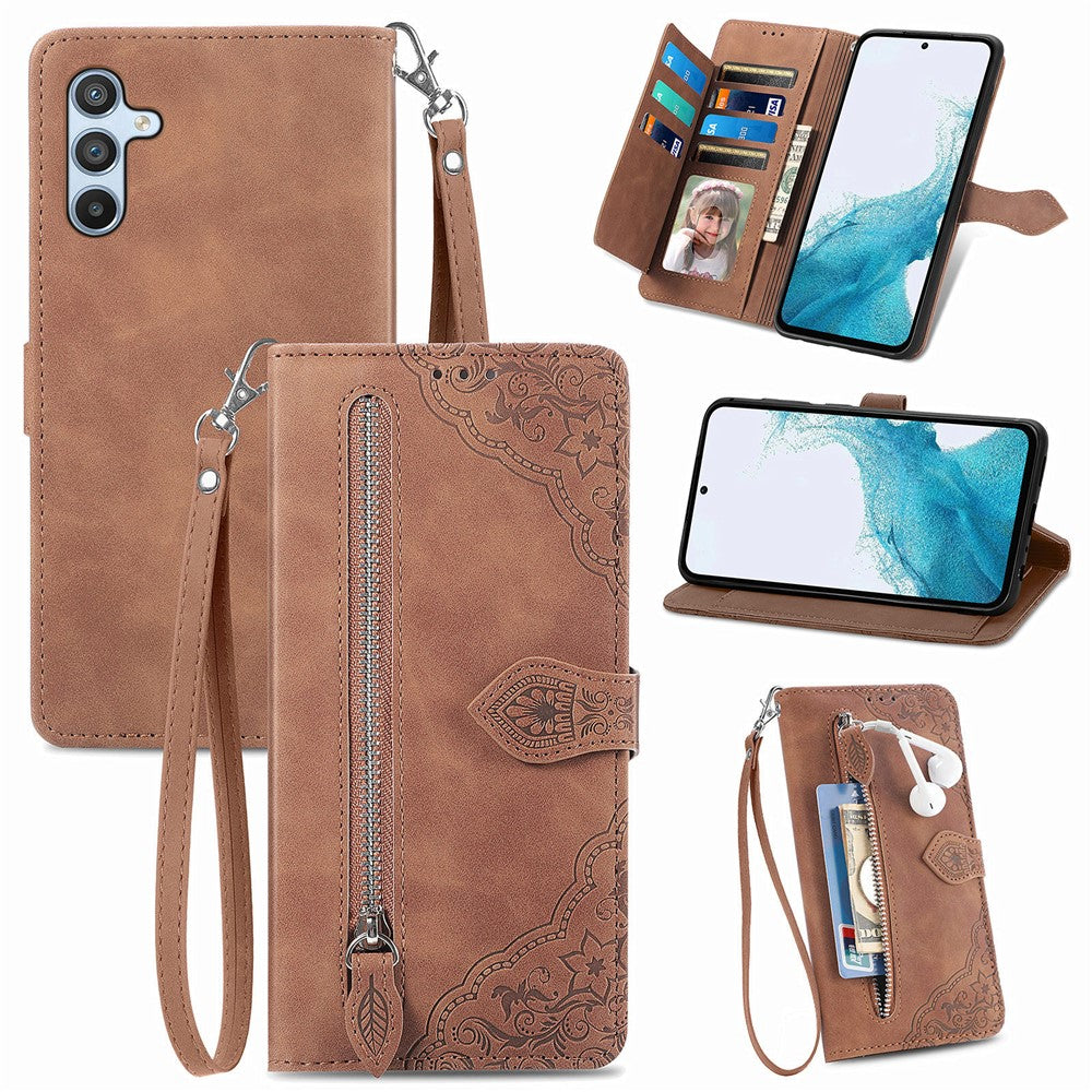 For Samsung Galaxy A36 5G Zipper Wallet Case with Strap Flower Imprint PU Leather Phone Cover