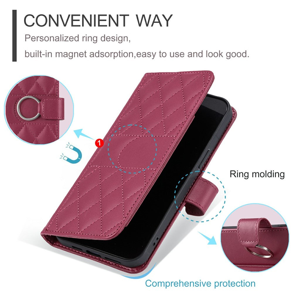 Samsung Galaxy A05 4G Axelremsskal i Läder med Ringspänne och Stativ, Rombiskt Mobilskal