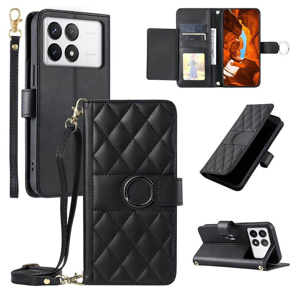 Crossbody-læderetui til Xiaomi Poco X6 Pro 5G / Redmi K70E 5G med pung, stativ og rhombemønster