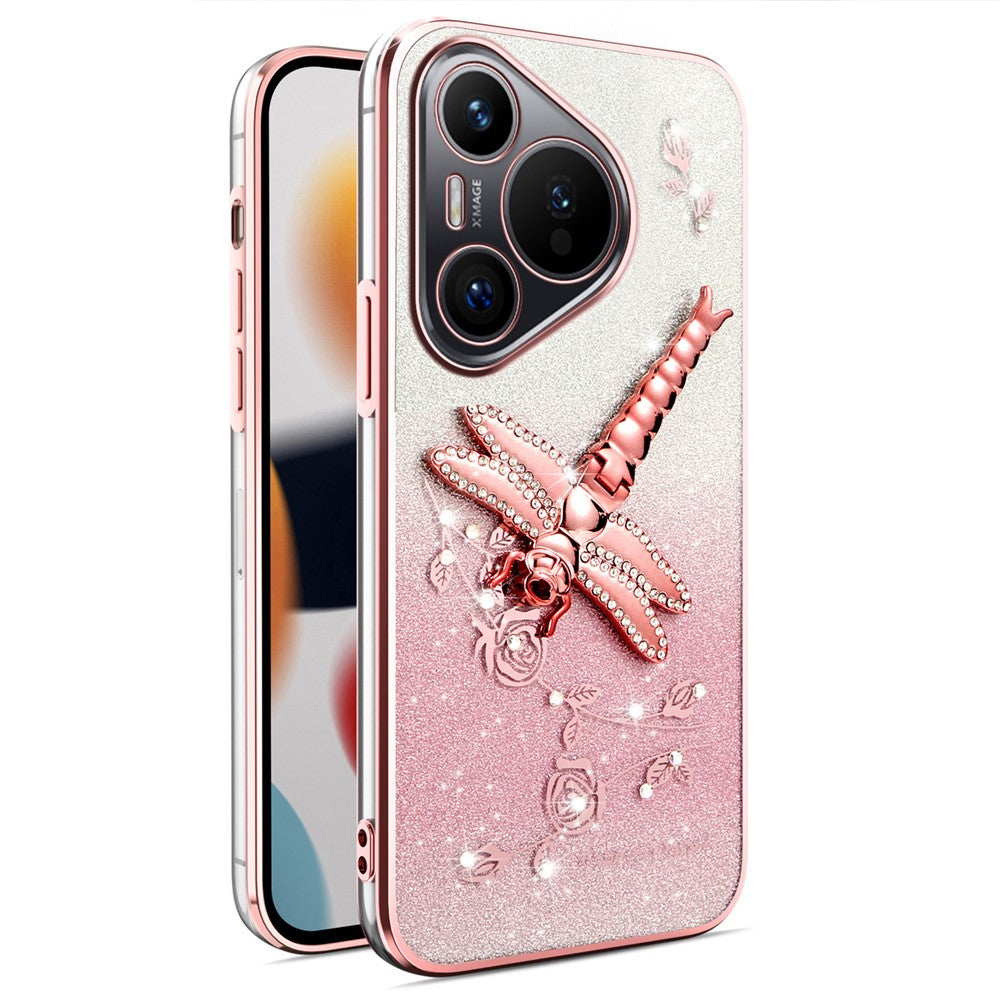 KADEM TPU-mobilcover til Huawei Pura 70 med guldsmed, stativ, blomster og glitter