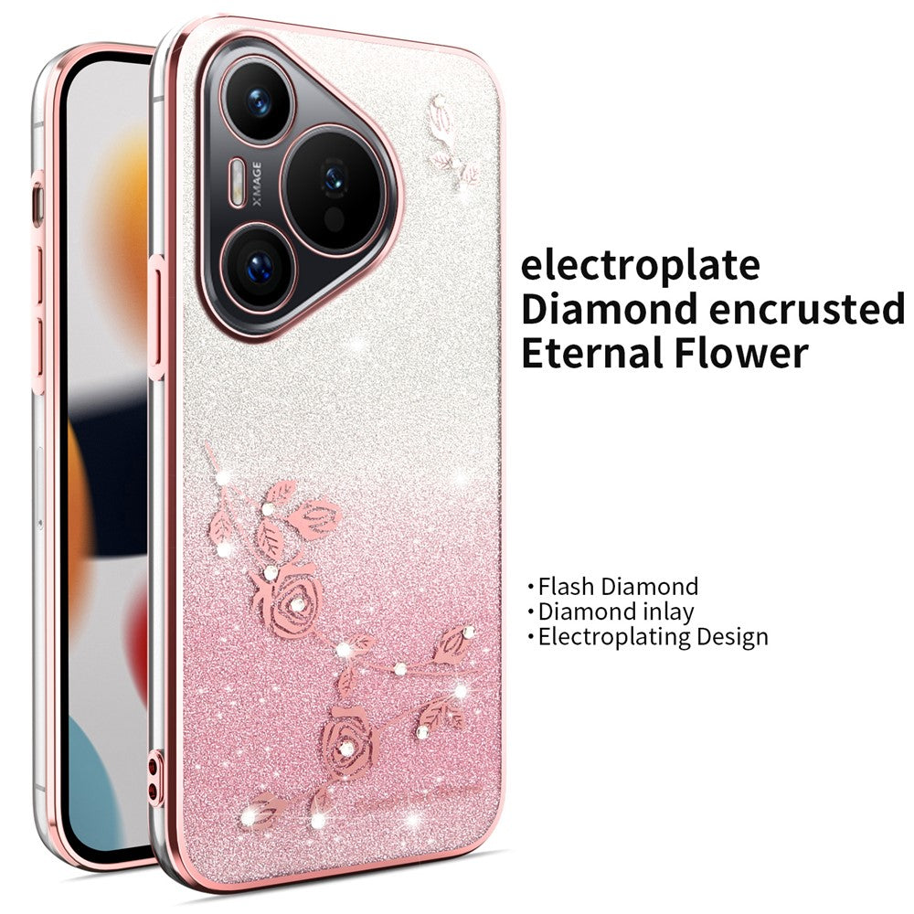 KADEM TPU-mobilcover til Huawei Pura 70 med guldsmed, stativ, blomster og glitter
